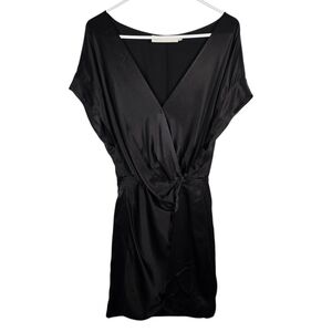 Michelle Mason Wide-Neck Faux Wrap Mini Dress In Black 100% Silk Deep V Neck 6